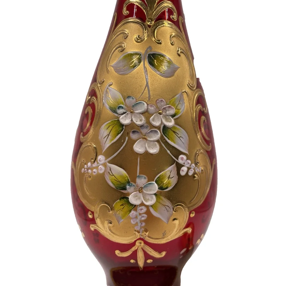 Vintage RED Tre Fuochi Murano Venetian Glass Aperitif Set gold Plated Italy